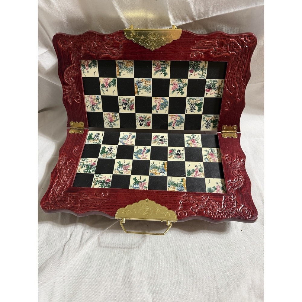 Vintage Chinese Folding Chess Set 15" Dragon Board Resin Pieces